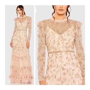 Mac Duggal Formal Dress 9237 Blush Pink Gold 20 Long Sleeve Beaded Gown Ruffle